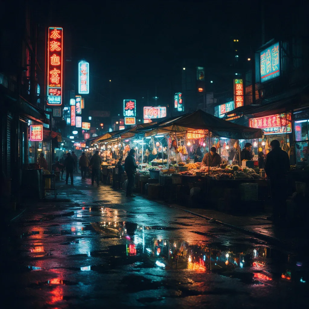 Seedream 5.0 Pro cyberpunk street market with neon signs and rain reflections