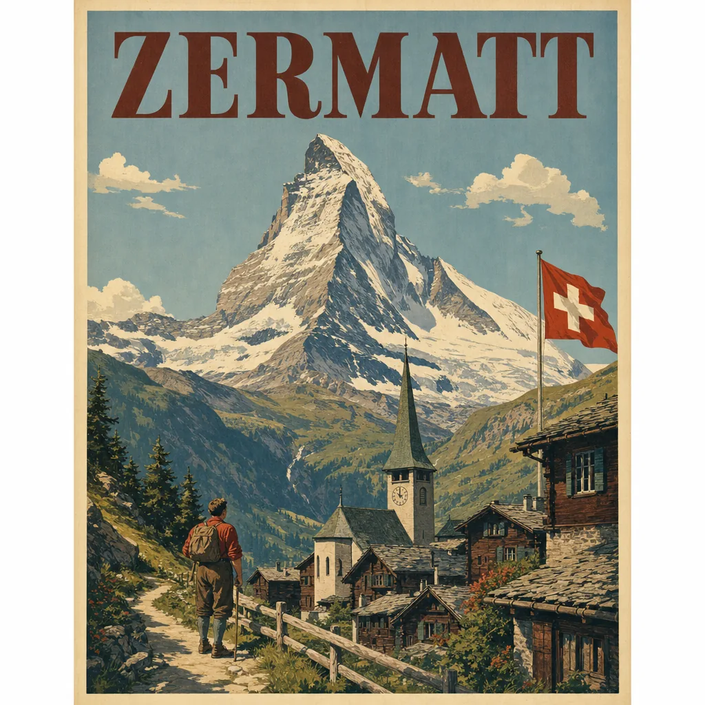 GPT Image 2 vintage Swiss Alps travel poster with ZERMATT headline text