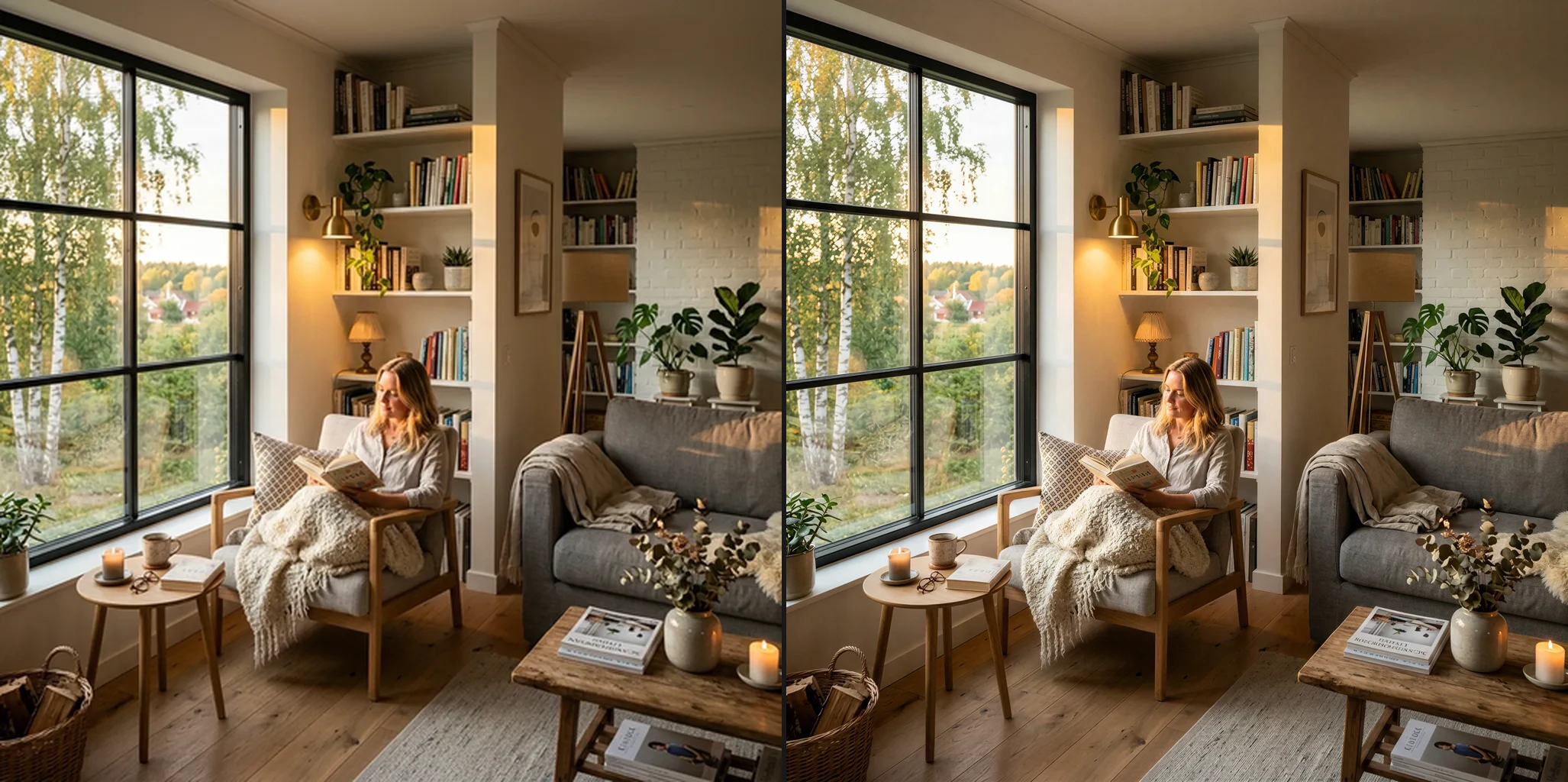 Before and after of an interior photo upscaled 4x with Crystal