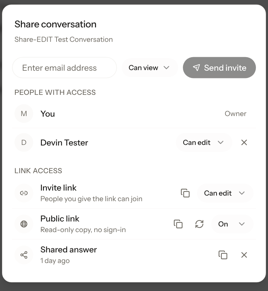 The Share dialog in a Krater chat: invite by email with a role, see everyone with access, and create an edit invite link or a public snapshot link