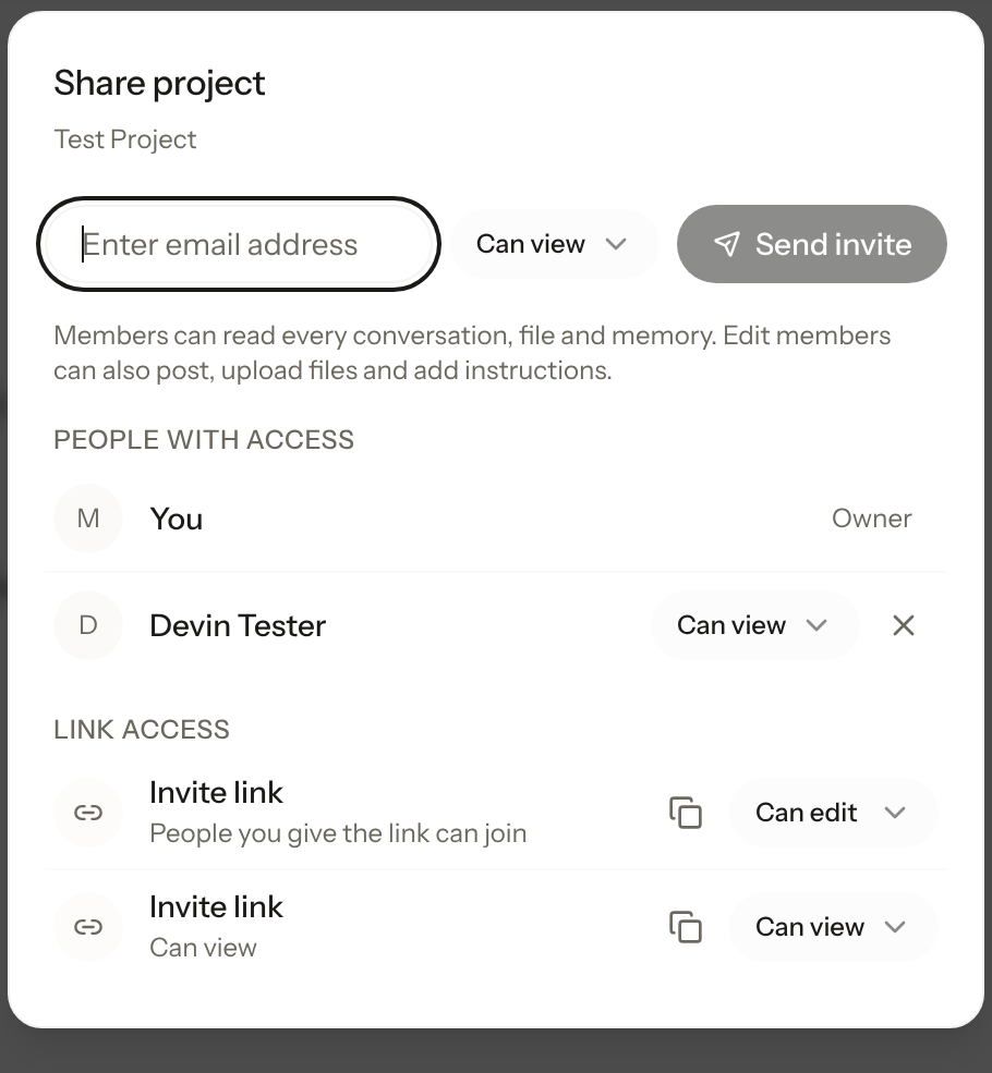 The Share project dialog in Krater: invite members by email, and separate invite links for view and edit access to every conversation, file and memory in the project