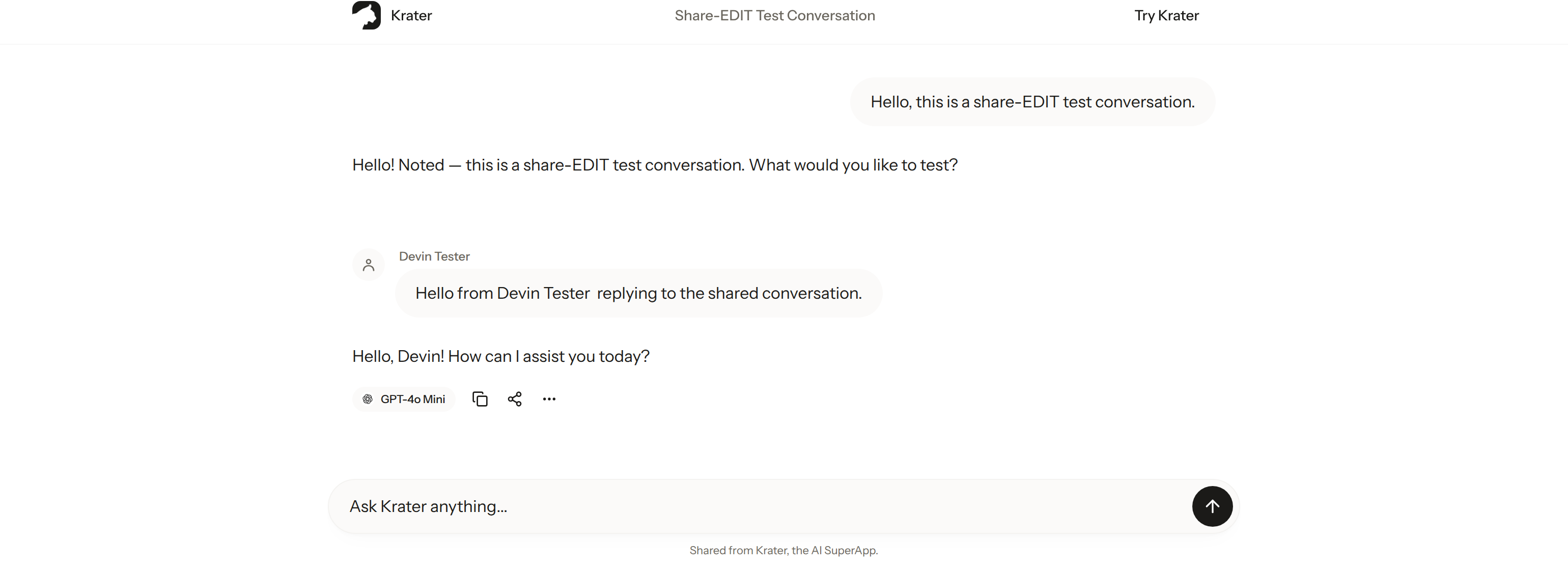 A public Krater snapshot page: the shared chat opens read-only in the browser with no sign-in, with a Try Krater link at the top